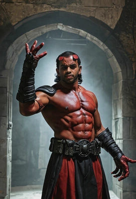 Hellboy with his massive Right Hand of Doom, standing in a dimly lit chamber