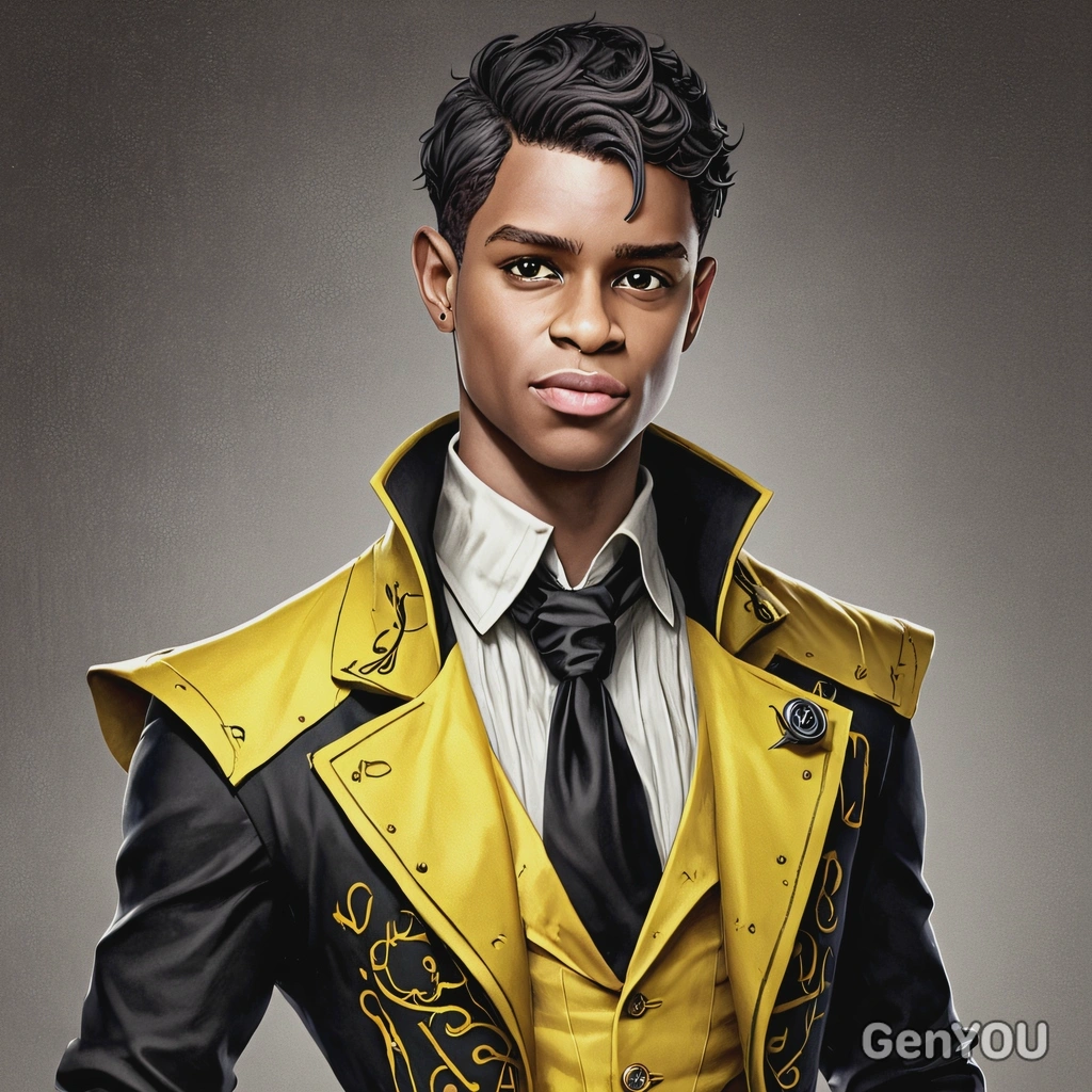 as human Bill Cipher, aristocratic manners, black and yellow clothes, high-quality stylized art, visible brushstrokes