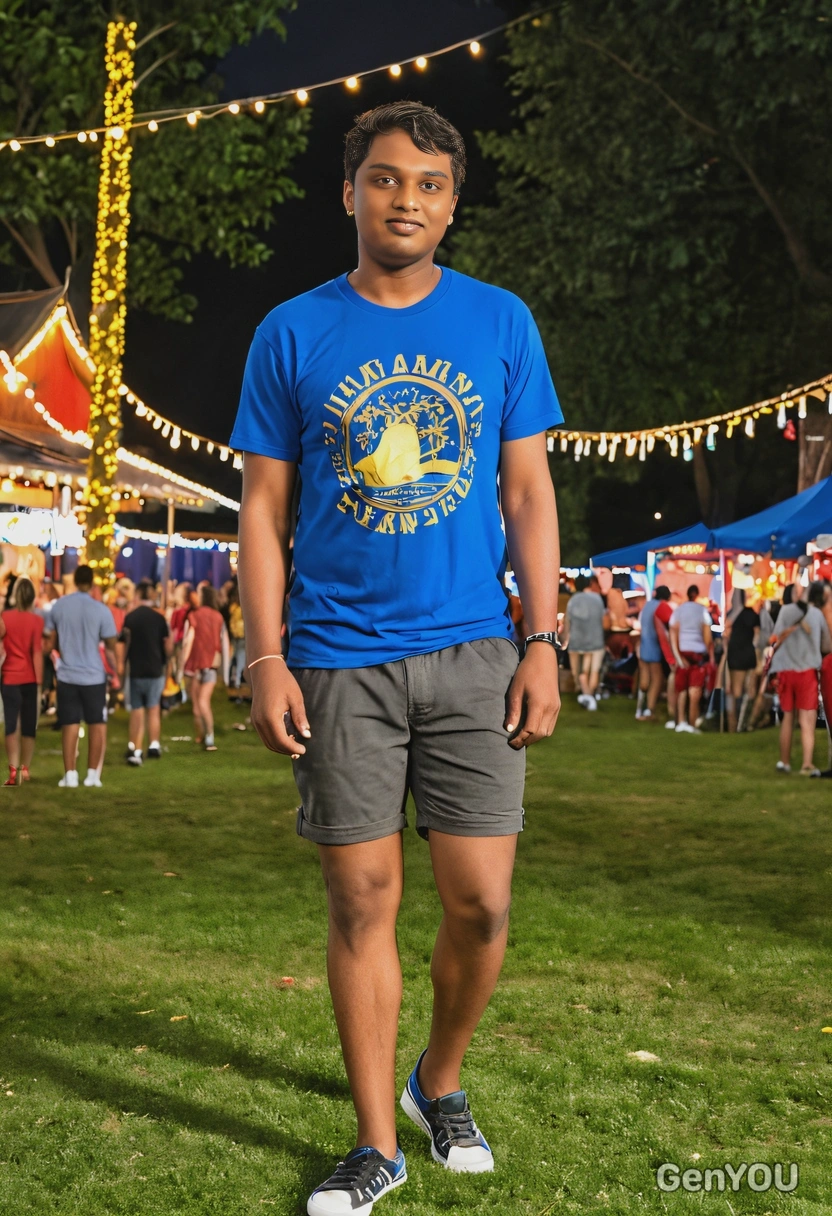 as a man, enjoying a summer festival with vibrant lights and decorations, wearing a casual t-shirt and shorts