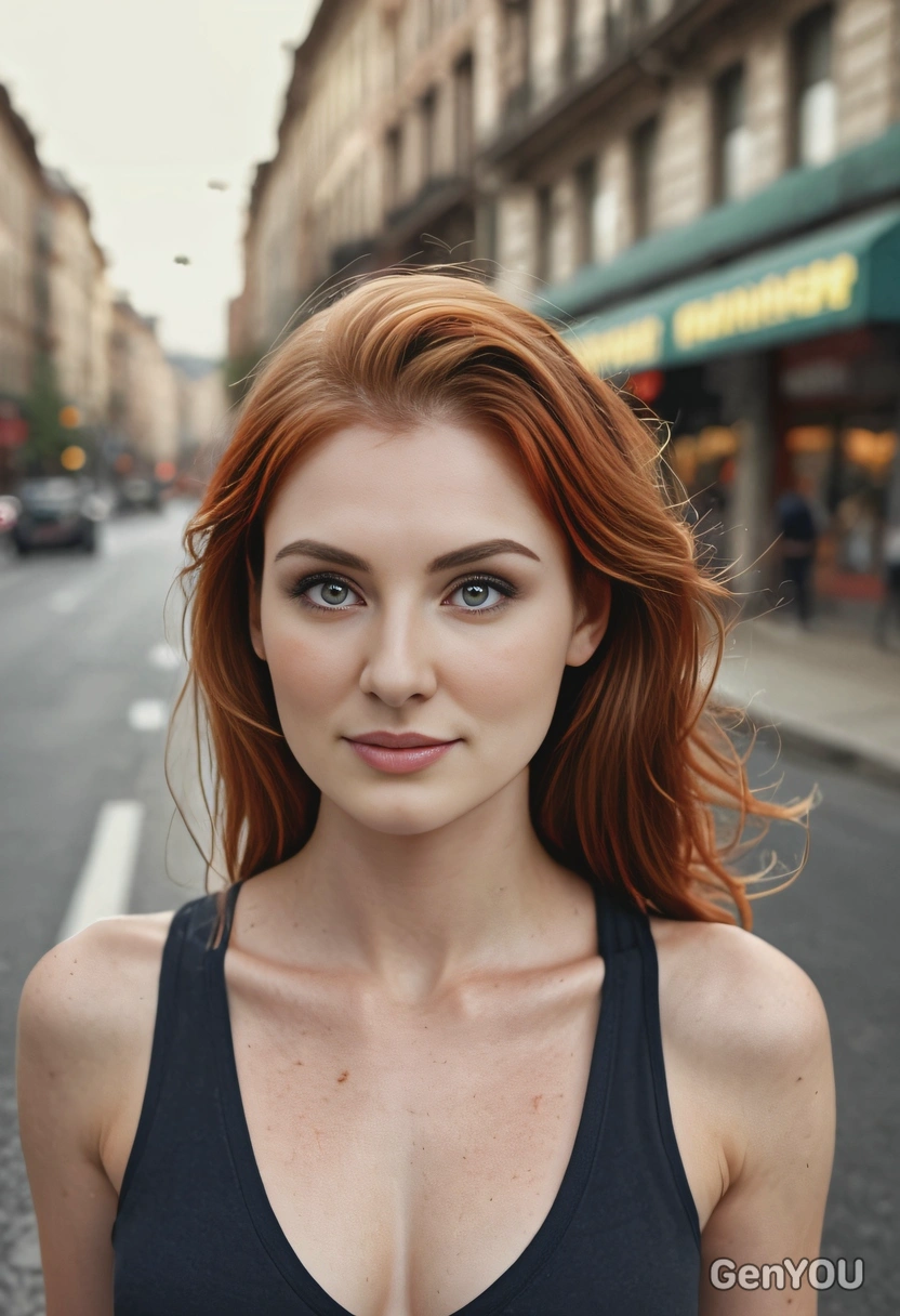 blurry street in the background hyperrealistic cinematic shot smiling