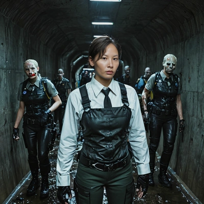 as a cosplayer of Resident Evil, many zombies behind, inside a dark wet tunnel, vivid colors, high-quality cinematographic style