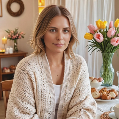 in an oversized, pastel cardigan sitting at a brunch table with Easter decorations. realistic skin texture, warm lighting, blurred background, dreamy look