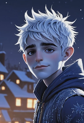 Hand-drawn flat cartoon style, Jack Frost from Rise of the Guardians, crisp lines, cool moonlight lighting, waist-up portrait, snowy rooftop background