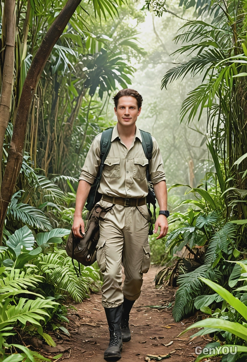 as an adventurer in a safari outfit, trekking through a dense jungle,  surrounded by exotic plants and animals, full body 