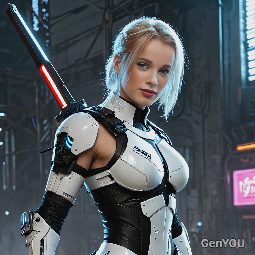 A mercenary, standing with a glowing sword, in cyberpunk outfit