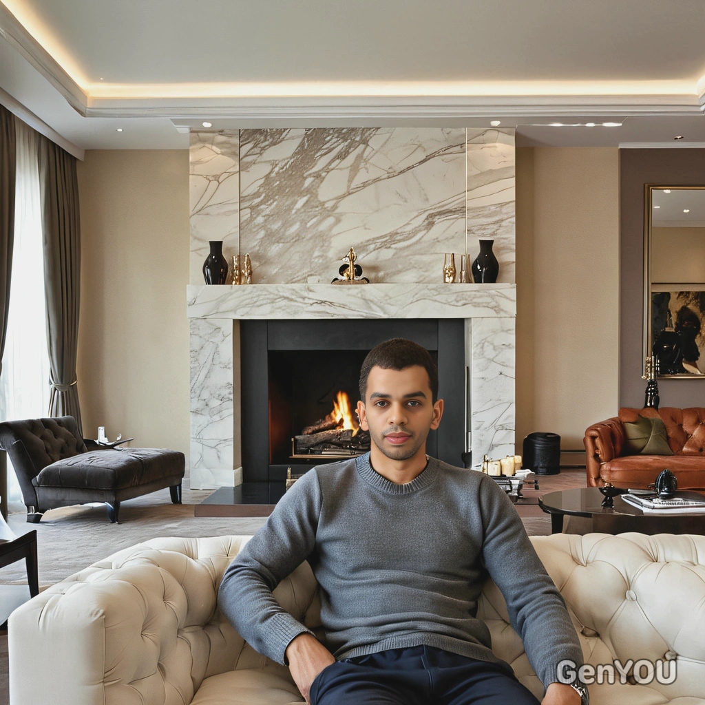 relaxing in a modern expensive room with grand fireplace, half body view