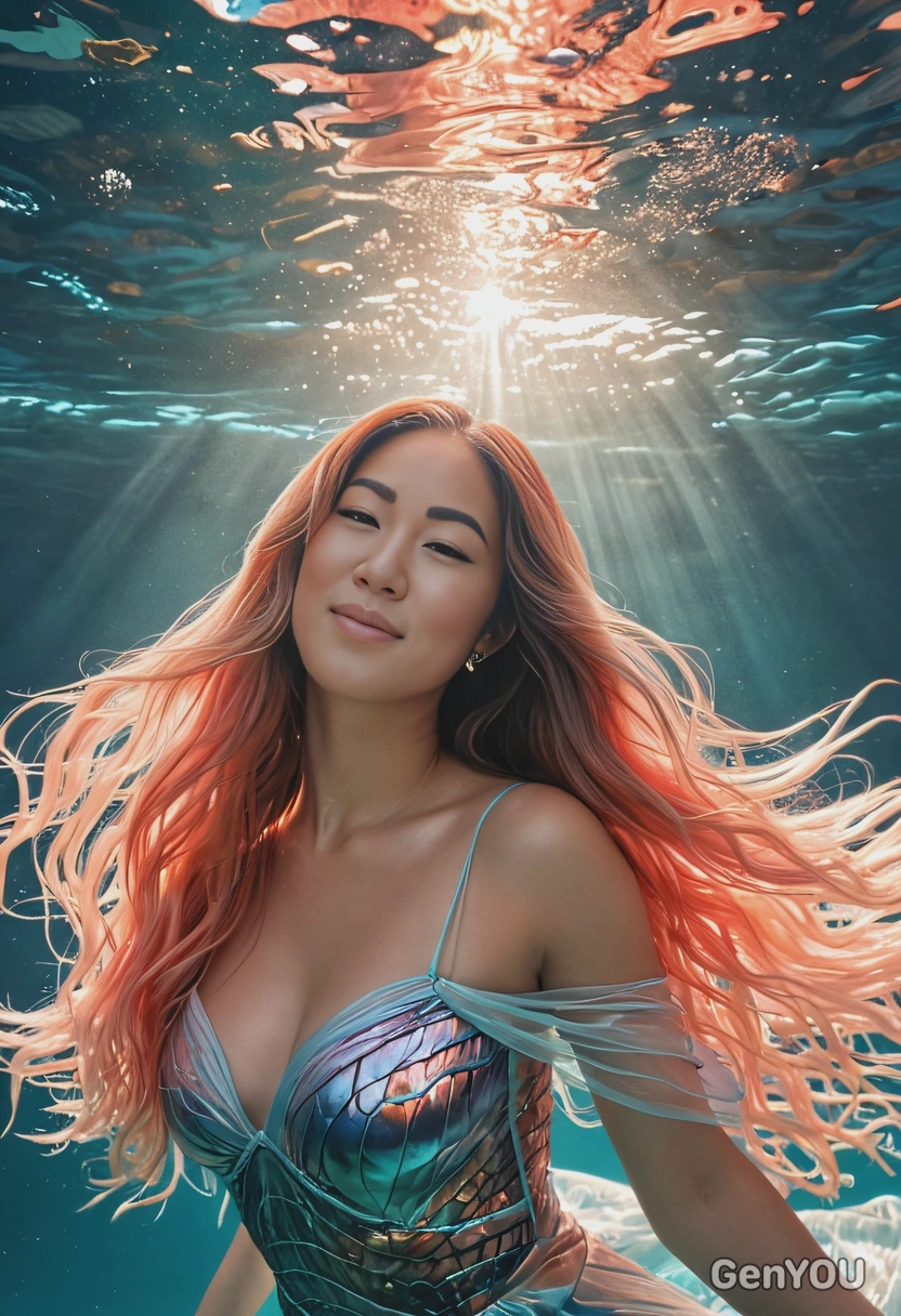 a siren, mid-body shot underwater, long flowing iridescent hair, shimmering scale-like dress, glowing coral background, floating gracefully, soft magical lighting, dreamy look, cinematic fantasy atmosphere