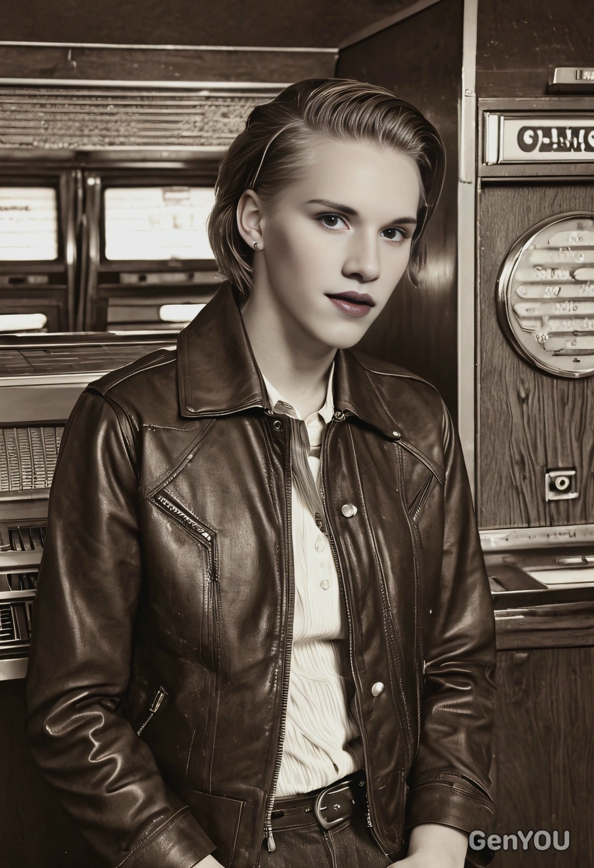 in a 1950s leather jacket, leaning against a jukebox, with a sepia-tone filter