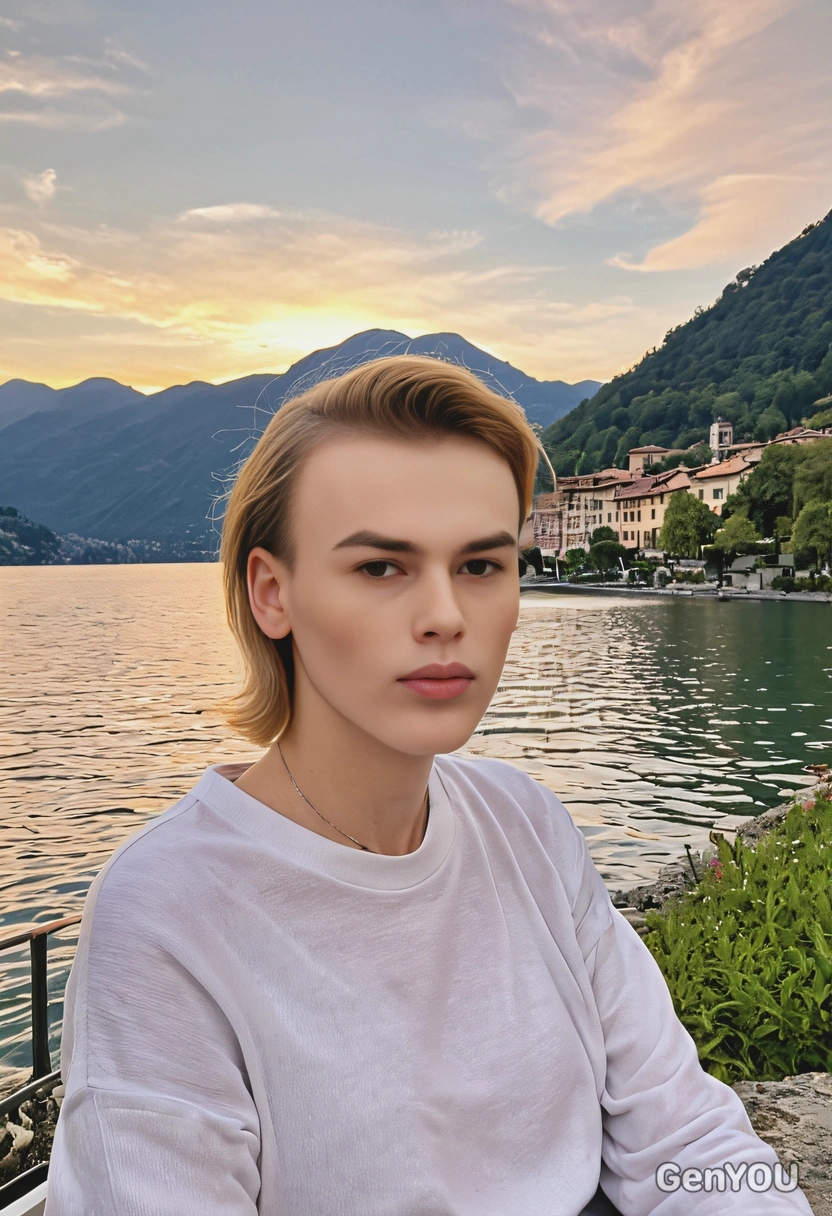 As a tourist, relaxing at the Lake Como in Italy, sunset