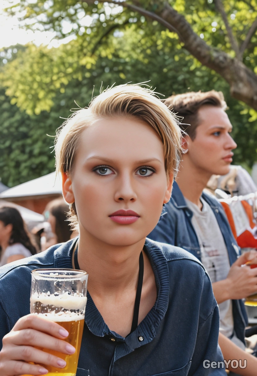 drinking beer outdoors, hanging out with friends, blurred background