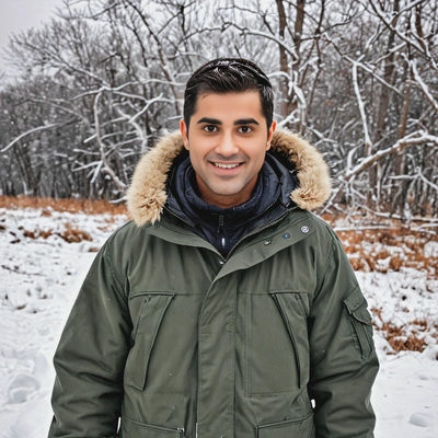 in a parka, standing in a snowy landscape
