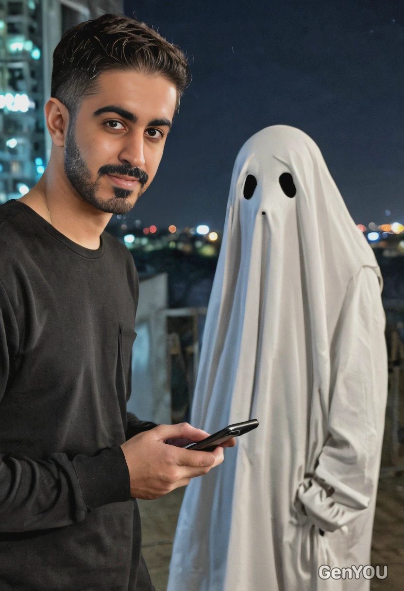 typing on my phone cluelessly, a ghost standing beside me, night, blurred background
