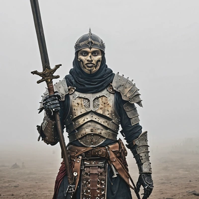 Cursed knight with rusty armor in foggy battlefield with skeletons