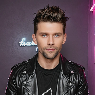 in a leather jacket and edgy makeup, with neon lights and loud music in the background