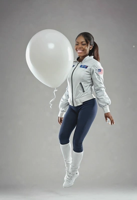 Flying in space holding balloon blurred cinematographic style