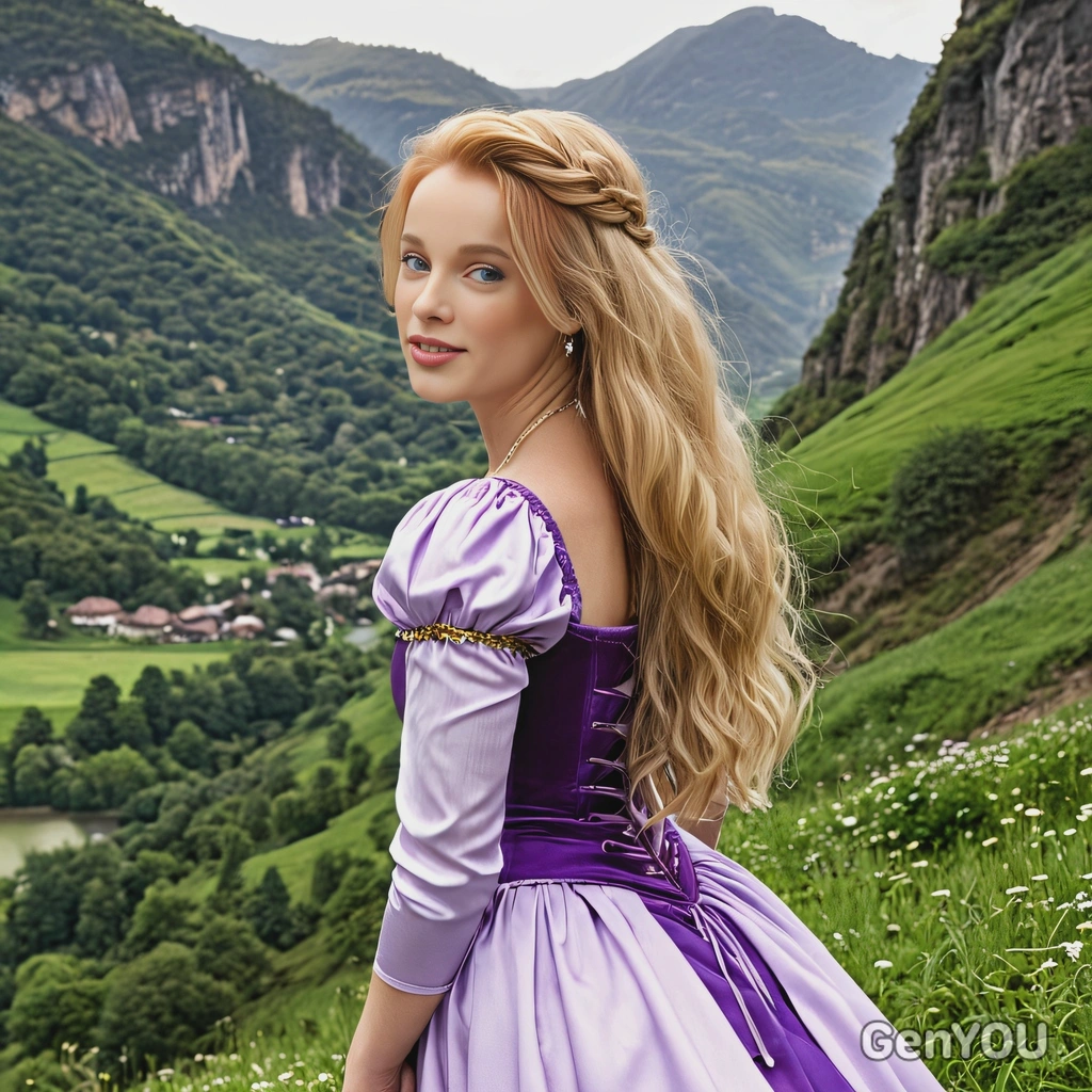 As Rapunzel, with long golden hair, wearing a purple gown and standing around a lush valley