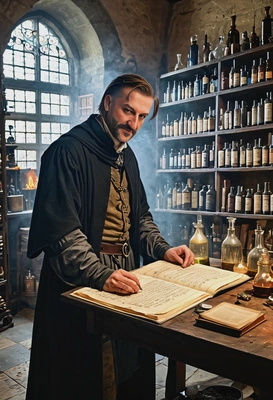 A medieval alchemist, surrounded by bubbling potions and ancient manuscripts in a dimly lit laboratory
