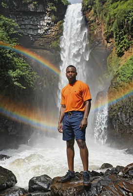 standing at the base of a waterfall, rainbow