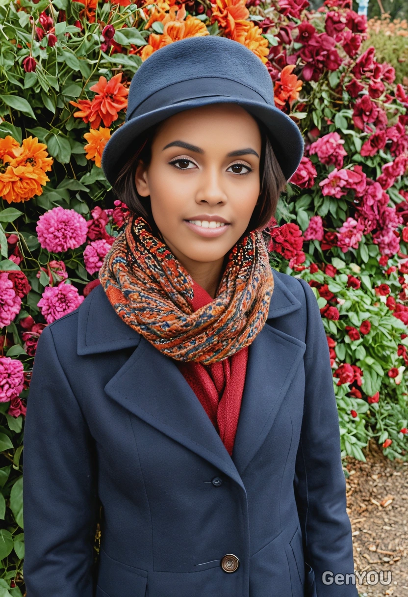 with a wool hat and coat, surrounded by autumn flowers