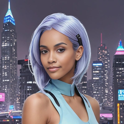 sleek, shoulder-length hair in pastel blue with icy lavender tips, styled with a futuristic glow, against a cool-toned cyberpunk cityscape