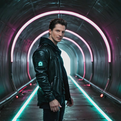 in a neon-lit tunnel, cyberpunk