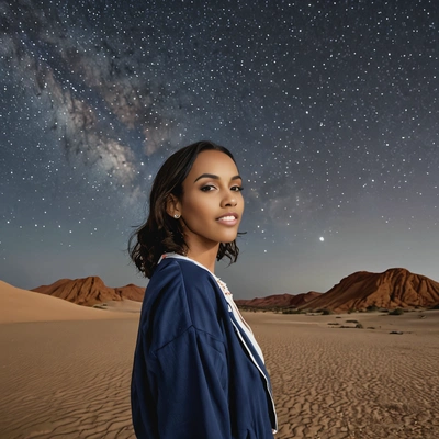 As a tourist gazing in a desert under a clear night sky, half body view
