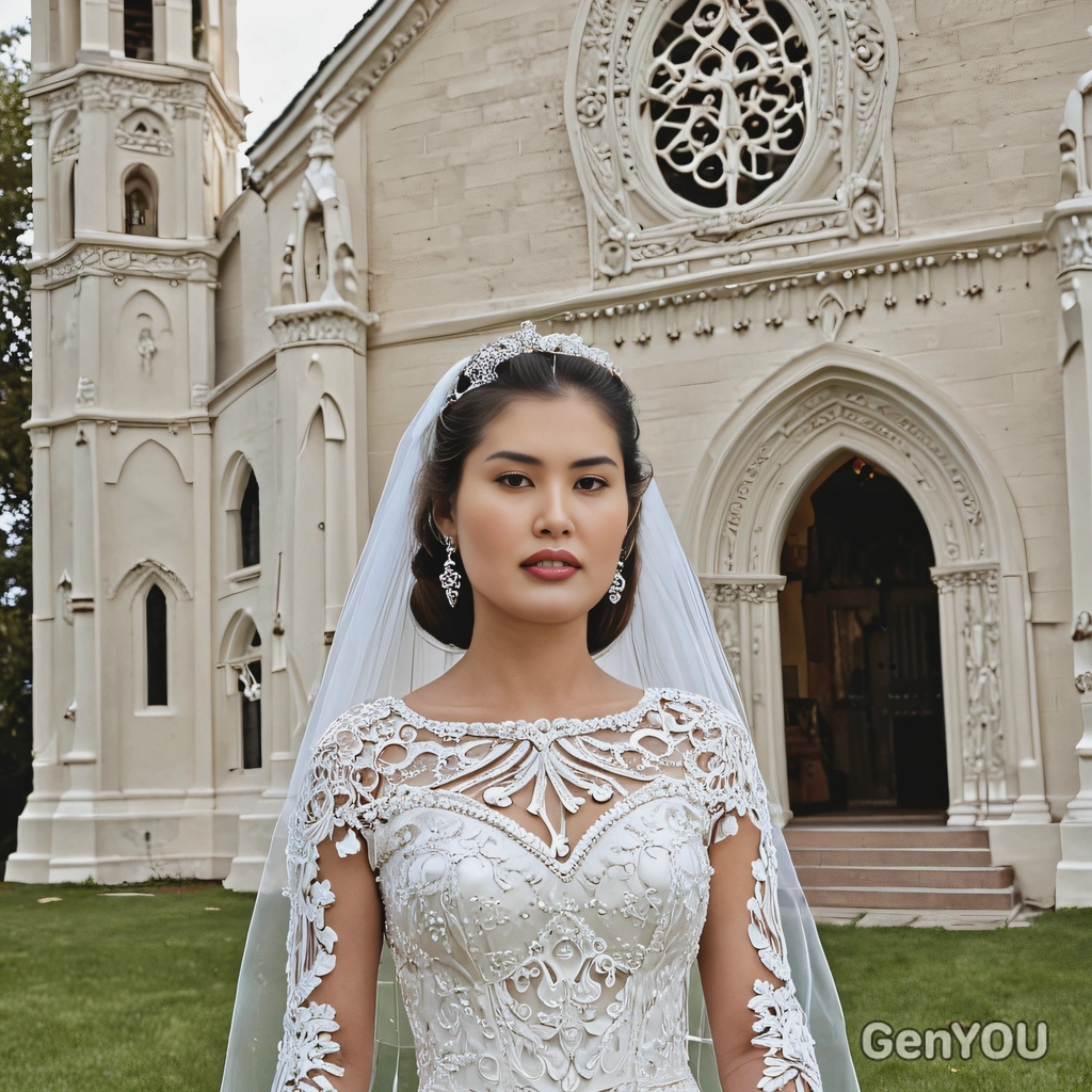 as the bride in a vintage-inspired wedding dress with intricate beadwork, standing in front of a historic church
