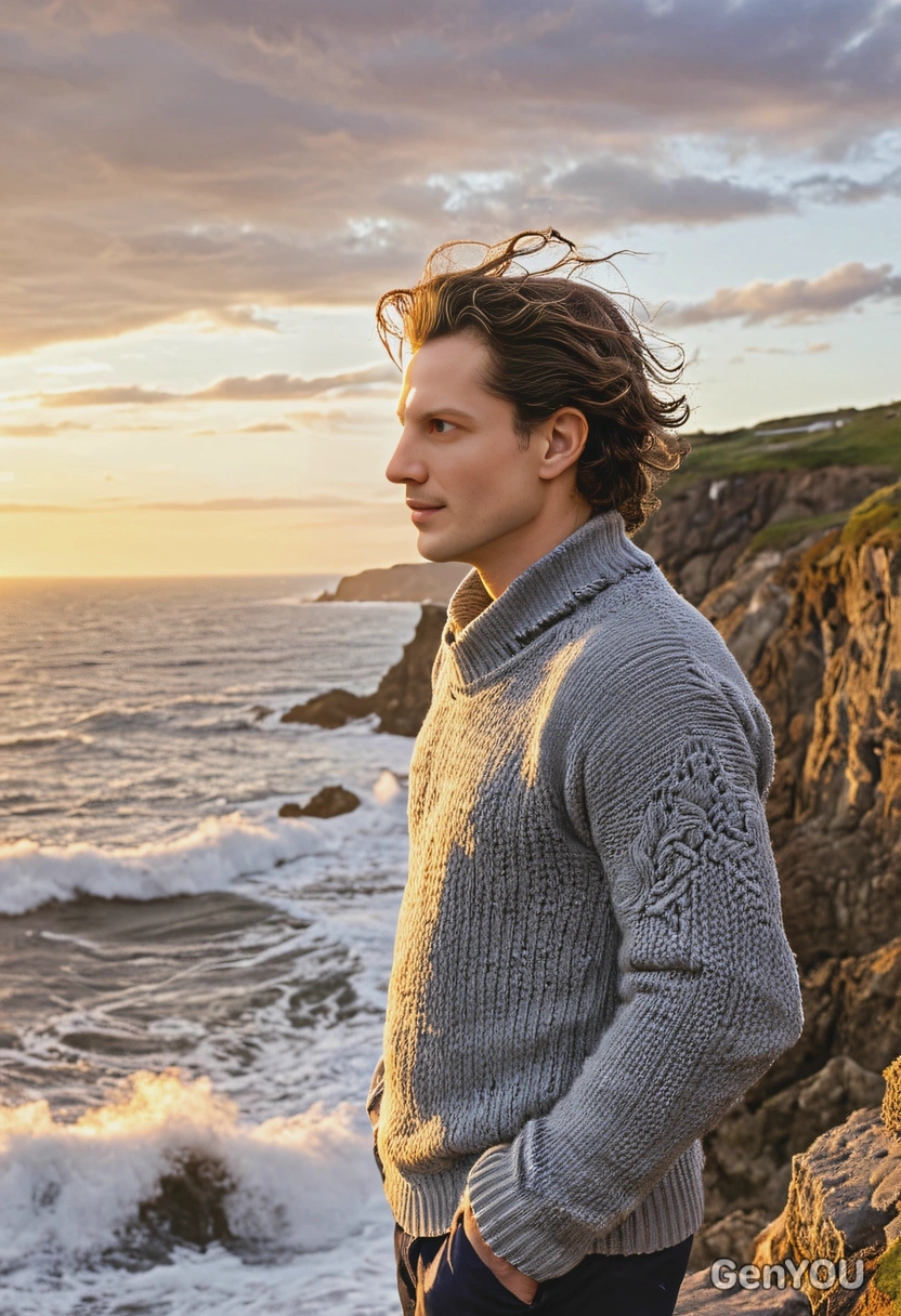 as a man in a fisherman’s sweater, standing on a cliff by the sea at sunset, with the wind tousling his hair and waves crashing below