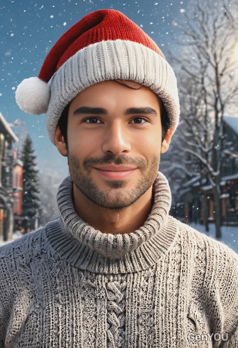 wearing Santa's hat for social media avatar, blurry snowstorm background, cozy winter turtleneck sweater, outdoor lighting with sun glares on the skin, windy dynamic image, slightly flirty smile, straight gaze, high-quality image, hyperrealistic skin texture