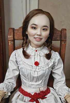 as Annabelle the creepy doll from the Conjuring, seated in an antique rocking chair, her porcelain face cracked