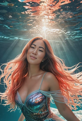 a siren, mid-body shot underwater, long flowing iridescent hair, shimmering scale-like dress, glowing coral background, floating gracefully, soft magical lighting, dreamy look, cinematic fantasy atmosphere