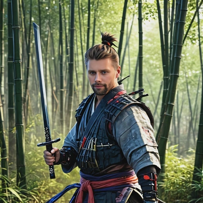 as a samurai, small frame, blurred bamboo forest on background, holding a katana, looking directly at you, vivid colors, symmetrical clothing details, video game style, high-quality stylized art