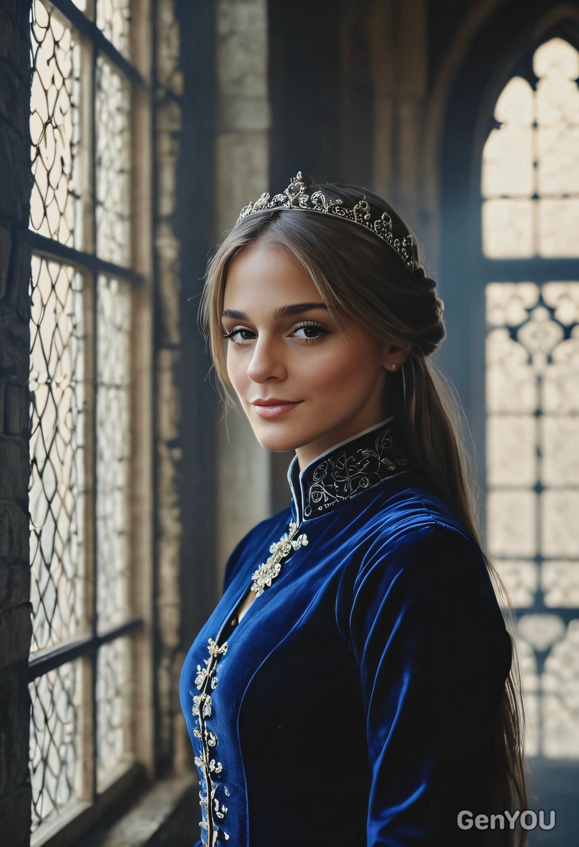 dark fantasy aesthetic, realistic skin texture, porcelain skin tone, hyperrealistic textured face skin, sharp high-quality, sharp focus on the face, closeup photo of medieval princess, wearing dark blue velvet luxury medieval outer garment, standing on the main hall of the castle, blurry background, morning sun rays from the window