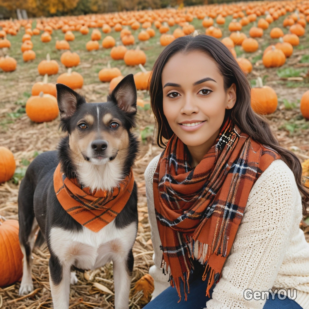 posing with her dog among pumpkins at a pumpkin patch, both wearing matching autumn scarves, soft focus, blurred background 