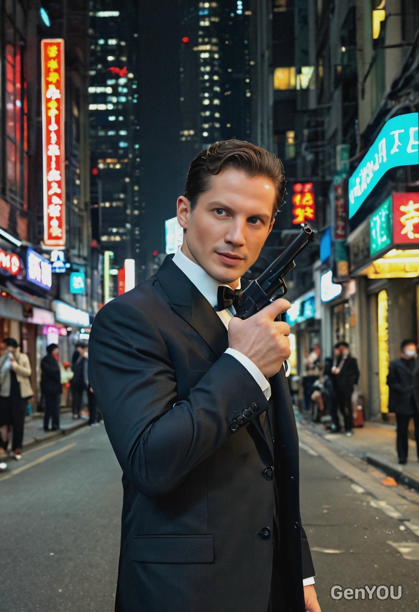 as James Bond in a sharp, tailored suit, holding a silenced pistol, in the neon-lit streets of Shanghai, his expression cool and calculated