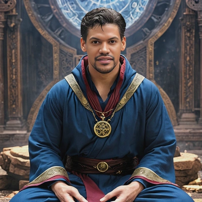Doctor Strange meditating in a mystical realm