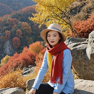 sitting on a rock, wearing a floppy hat and scarf, an autumn landscape