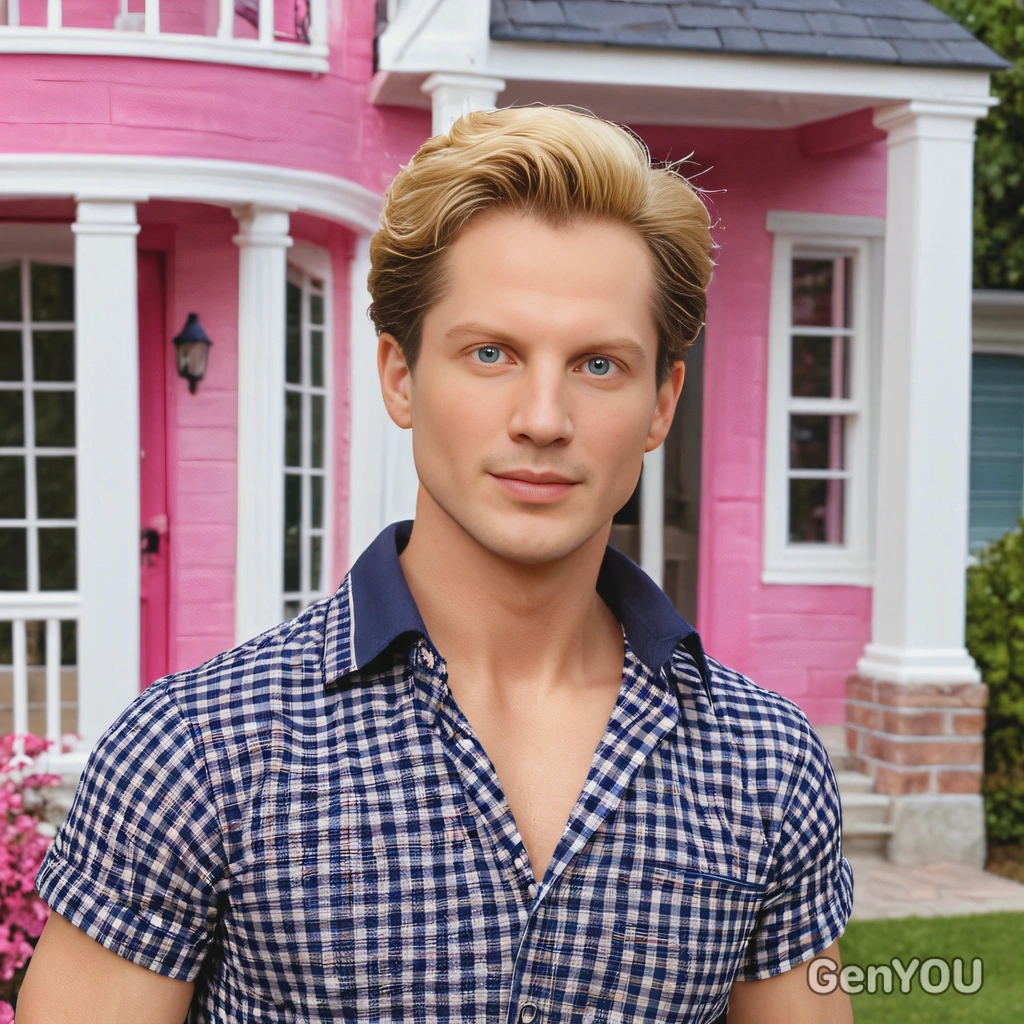 as realistic human Ken from the Barbie movie, blonde, outside Barbie's dreamhouse, mid-shot 