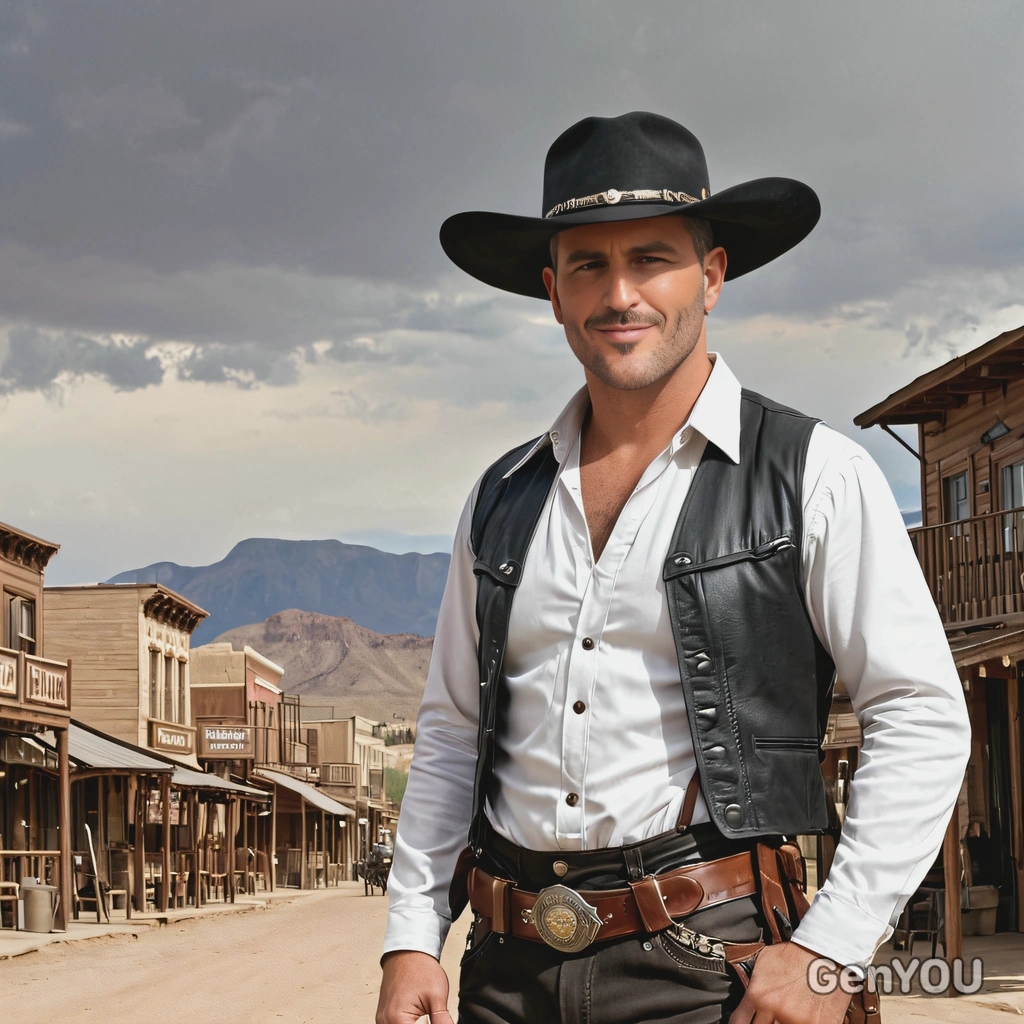 as a cowboy from the Old West, wearing a wide-brimmed hat and leather chaps, standing through a dusty frontier town in the background