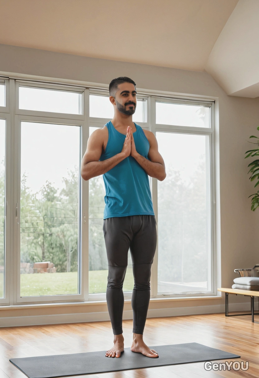 standing on a yoga mat in a modern minimalist living room, with soft natural light streaming through large windows, blurred background
