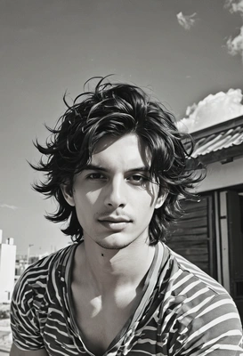 with luxurious voluminous Medium wavy dark hair in natural state in a black and white picture looking in front of me, photo shoot to please instagram in anime style