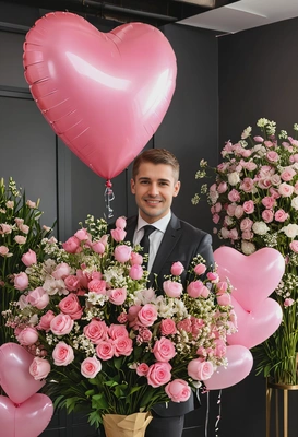 as CEO standing behind an enormous bouquet of valley flowers in front of himself on a Valentine's Day, office background, monochrome pink heart balloons in the back, high-quality photo, indoor lighting, golden hour