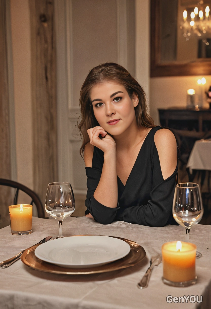 waiting alone with a romantic dinner ready, candlelit table, blurred background, eyes on you