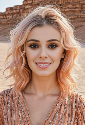 mid-length wavy hair in pale coral with streaks of pastel orange, styled in loose layers, set in a warm desert glow