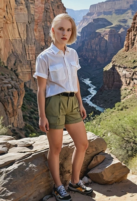 in a light shirt and cargo shorts, overlooking a canyon, the summer sun casting deep shadows