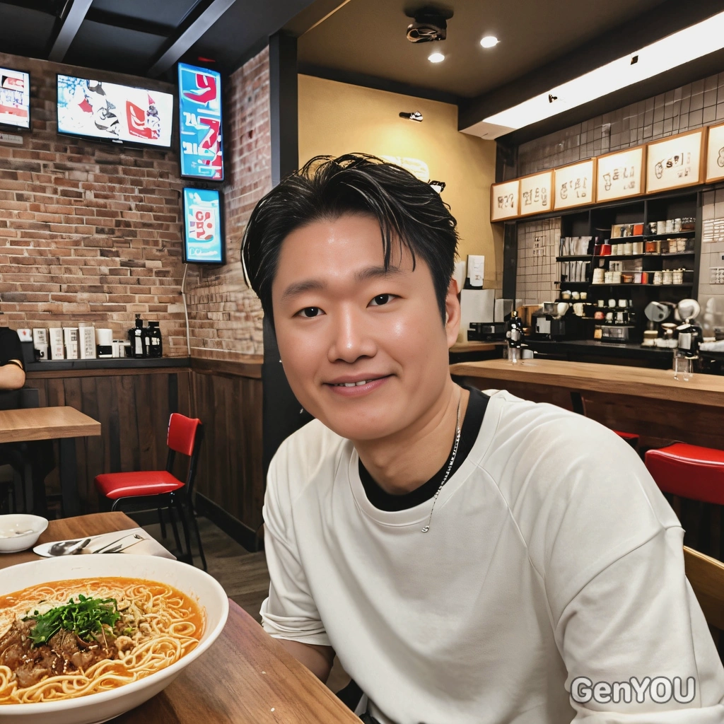 as a k-pop fan, posing for social media photo at the trendy ramen cafe