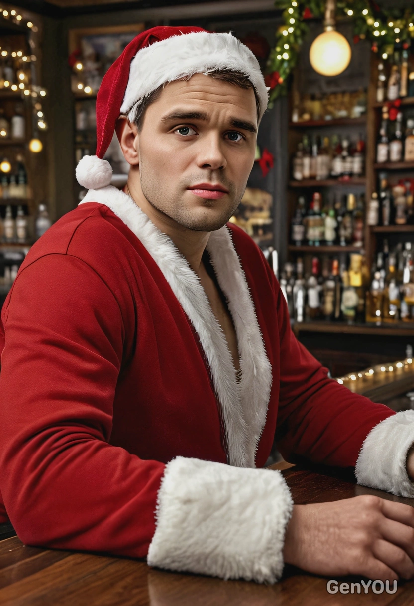 as Bad Santa from the Bad Santa movie, sitting at the counter of an American bar, hyperrealistic style, detailed clothing structure, relaxed pose, dim indoor lighting, Christmas garlands in the background, high-quality cinematic shot from the side, looking sad and tired, light stubble, natural human anatomy, correct finger proportions, visible knuckles, defined fingernails, relaxed realistic pose,