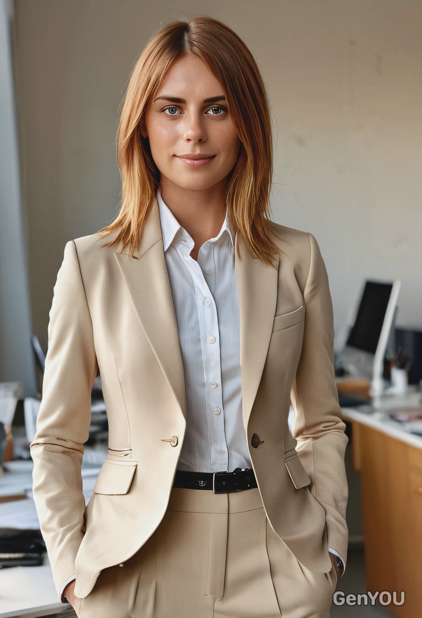 sharp high-quality full-body photo, freckles, bold layered cut with sideswept bangs, beige office dress-code suit,  cool standing, hands in the pockets, blurry office background, sunrise lighting