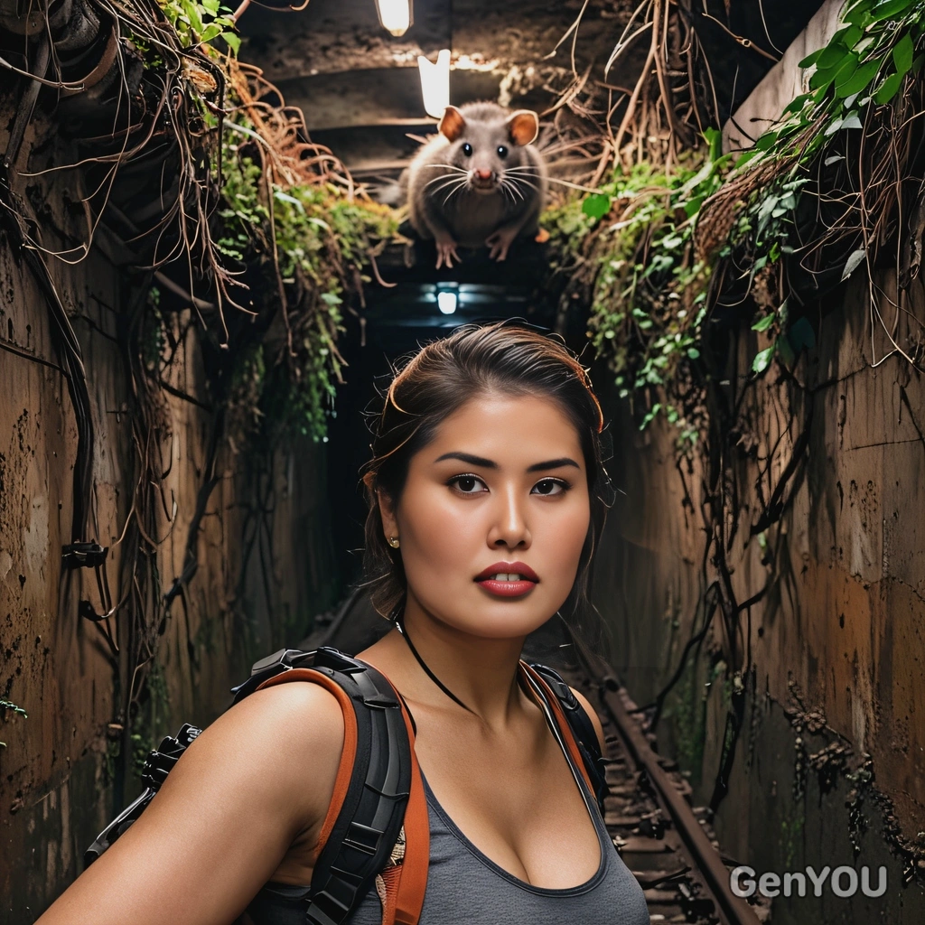 as a survivor of apocalypse, standing in an abandoned subway tunnel, giant rat on shoulder, broken lights, very dark, overgrown giant brown vines creeping down the walls, close-up selfie at an angle from above, vivid colors, high-quality cinematographic style