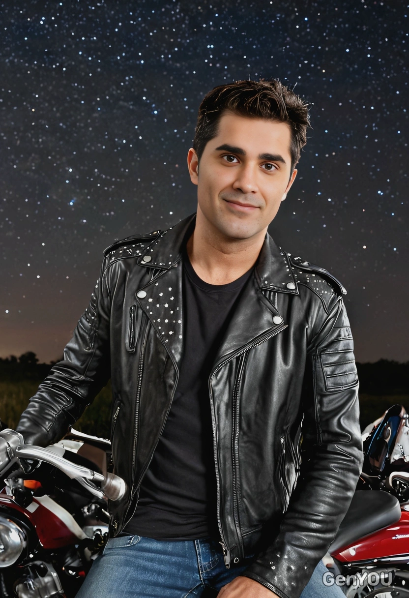 as a man in a leather jacket, leaning against an old motorcycle under a starry sky, with the moonlight casting a glow on his face